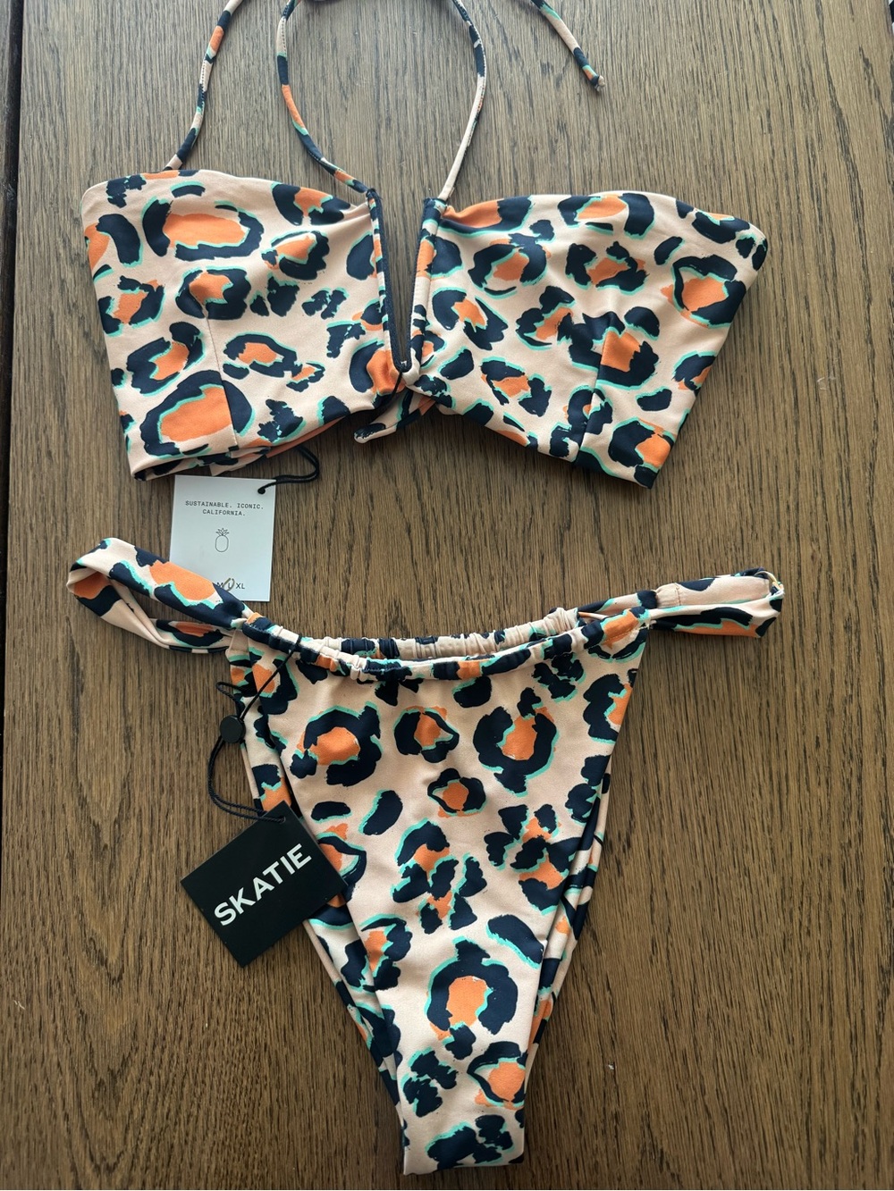 Skatie Women’s Leopard Print Bikini Set in Peach & Teal